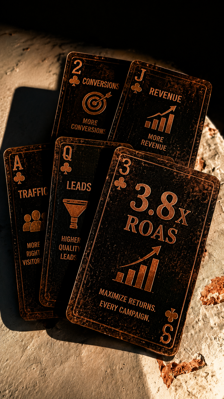 Growth strategy cards for traffic, leads, conversions, revenue, and return on ad spend